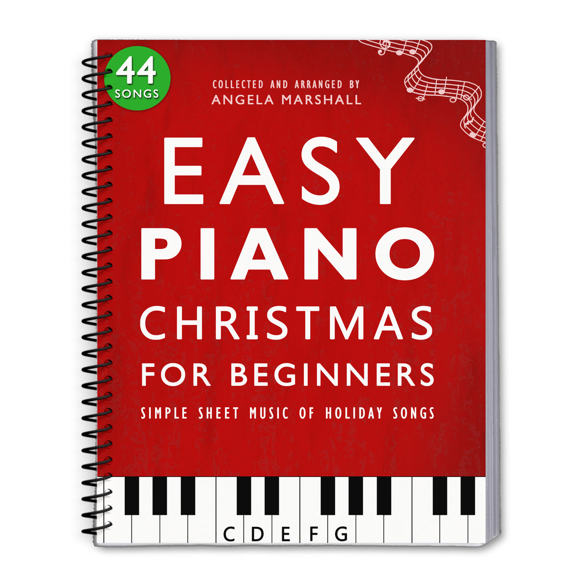 Red book titled 'Easy Piano Christmas for Beginners' with a piano keyboard design on a white background