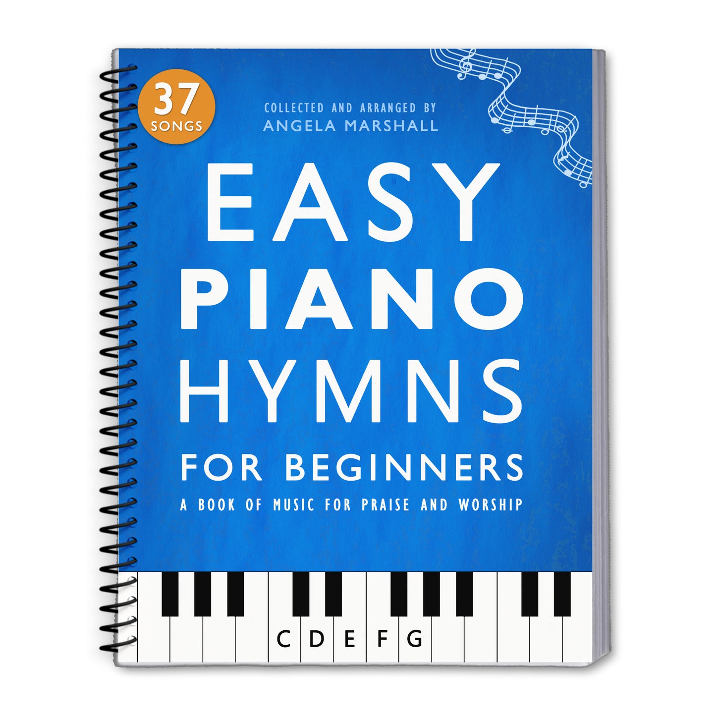 Book titled 'Easy Piano Hymns for Beginners' with a blue cover and piano keyboard design.