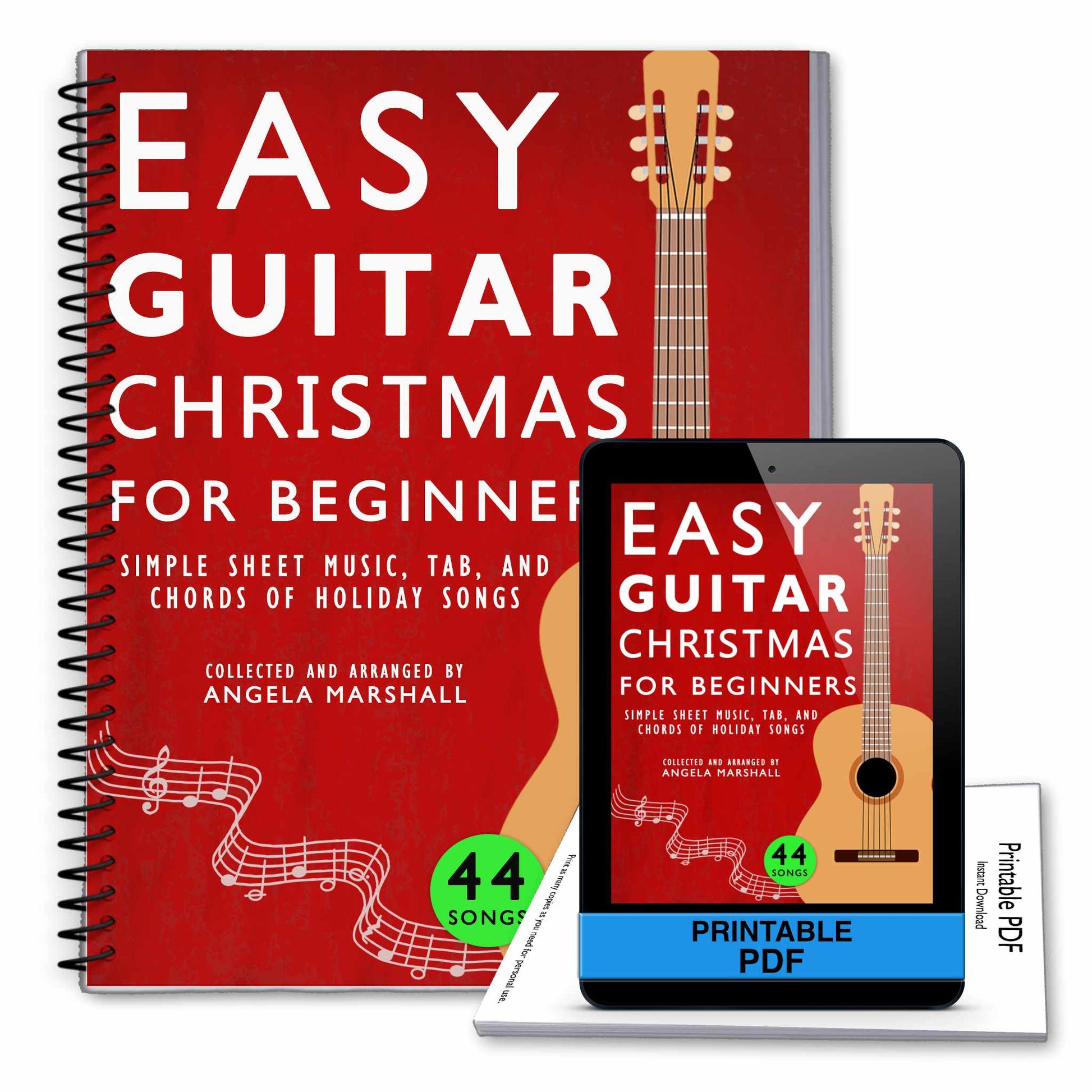 Red book titled 'Easy Guitar Christmas for Beginners' with a guitar illustration on a white background.