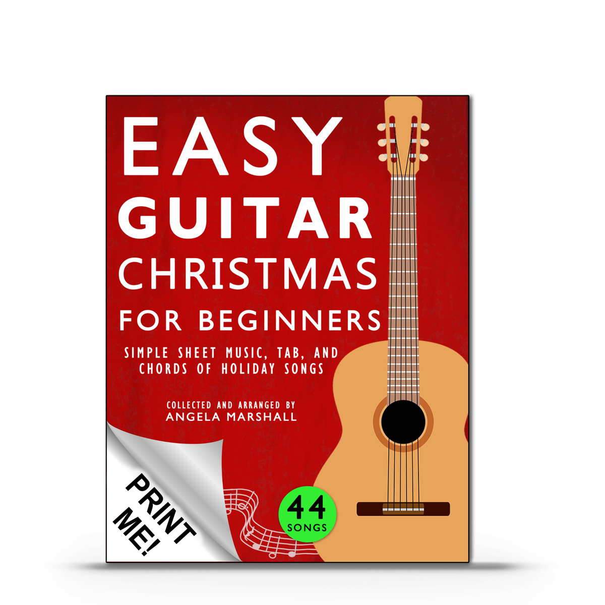 Printable PDF of 'Easy Guitar Christmas for Beginners' by Angela Marshall, shown as a book cover with a 'Print me!' label