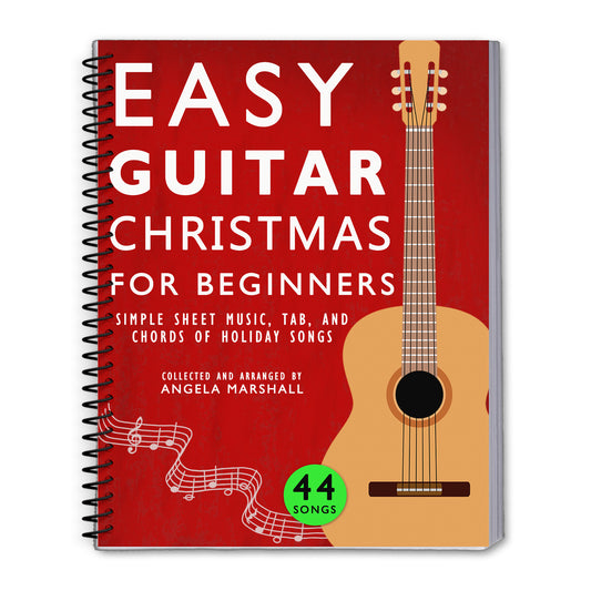 Book titled 'Easy Guitar Christmas for Beginners' with a guitar illustration on a red background