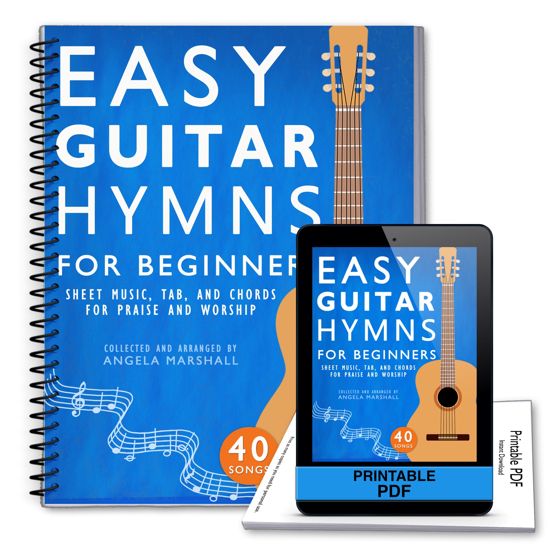 Book titled 'Easy Guitar Hymns for Beginners' with a guitar illustration on a blue background, alongside a digital version on a tablet.
