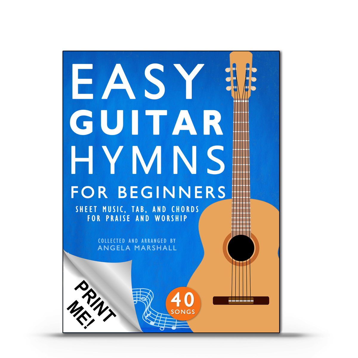 Printable PDF of 'Easy Guitar Hymns for Beginners' by Angela Marshall, shown as a book cover with a 'Print me!' label