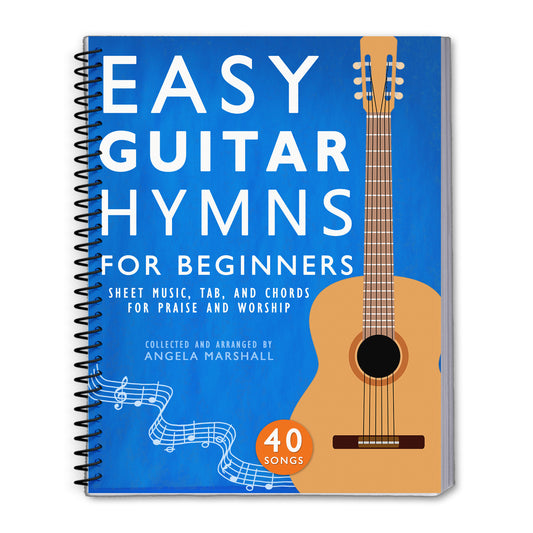 Book titled 'Easy Guitar Hymns for Beginners' with a guitar illustration on a blue background