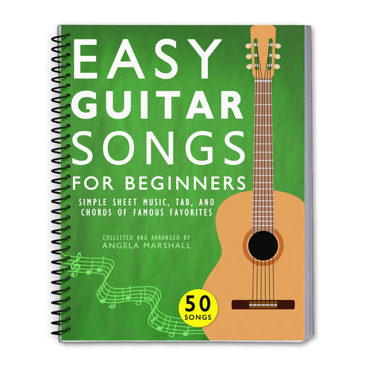 Book titled 'Easy Guitar Songs for Beginners' with a guitar illustration on a green background