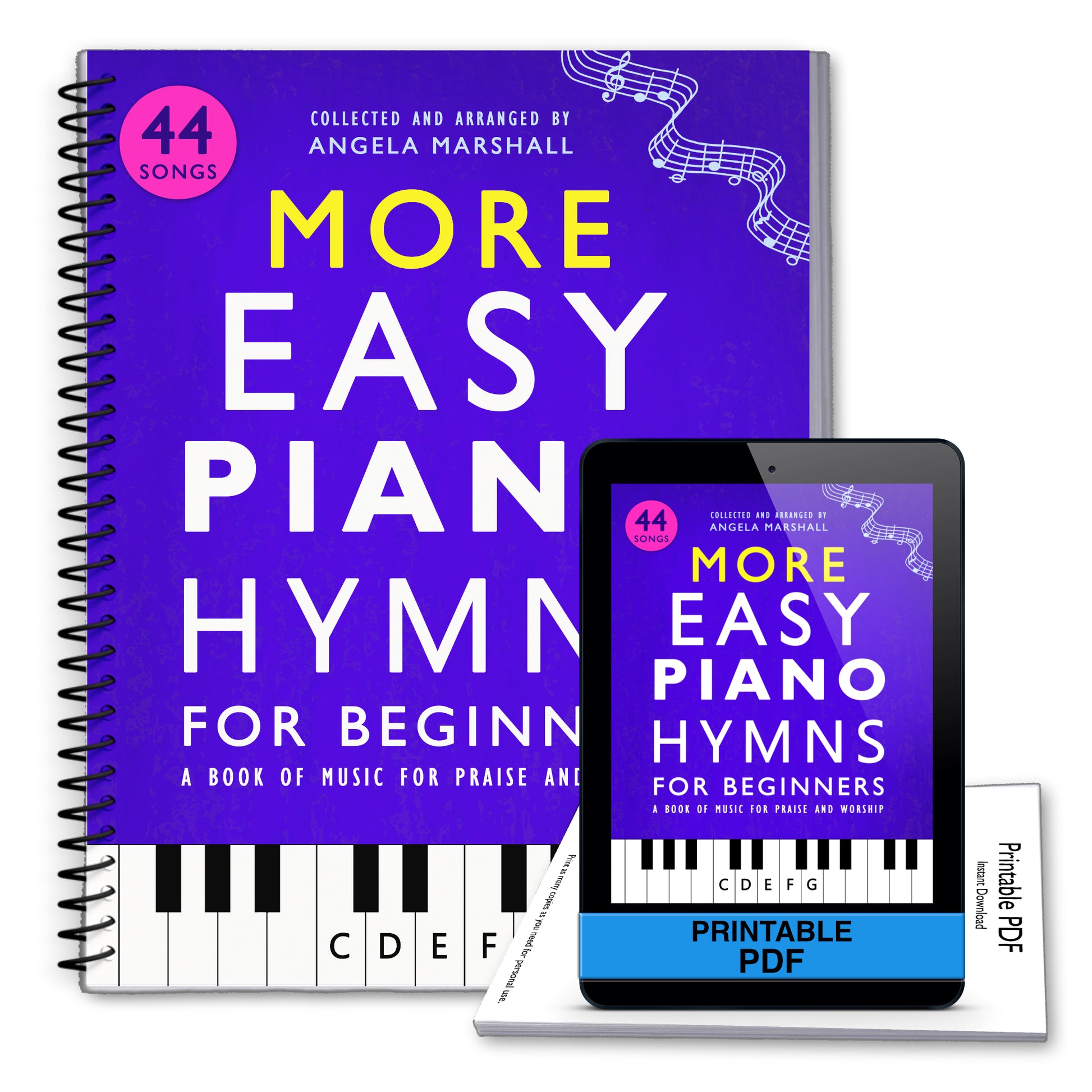 Music book titled 'More Easy Piano Hymns for Beginners' with a digital version on a tablet.