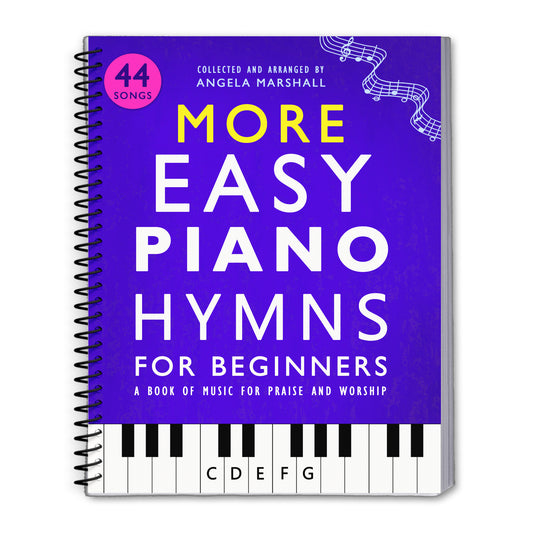 Book titled 'More Easy Piano Hymns for Beginners' with a purple cover and piano keyboard design at the bottom.