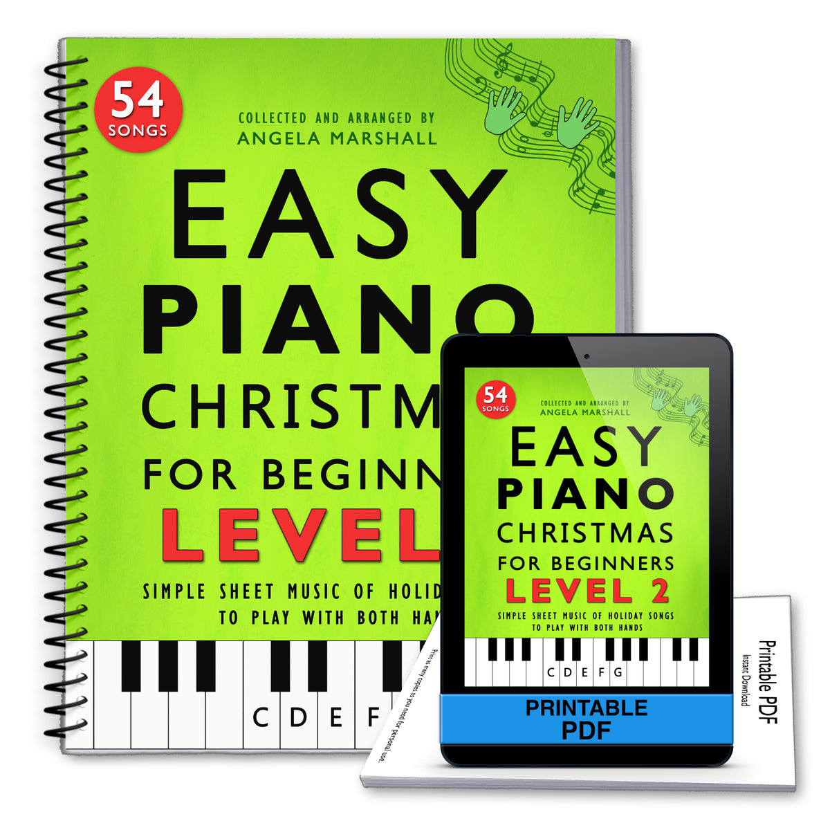 Spiral-bound book titled 'Easy Piano Christmas for Beginners Level 2' with a digital version on a tablet.