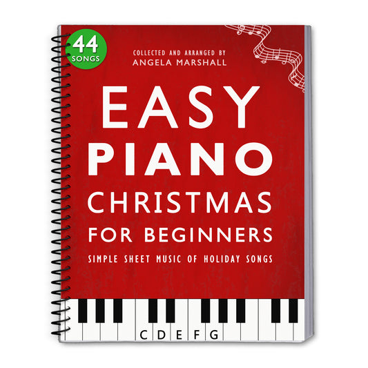 Red book titled 'Easy Piano Christmas for Beginners' with a piano keyboard design on a white background