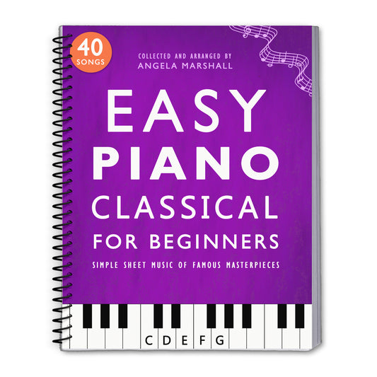 Purple book titled 'Easy Piano Classical for Beginners' with a piano keyboard illustration on a white background.