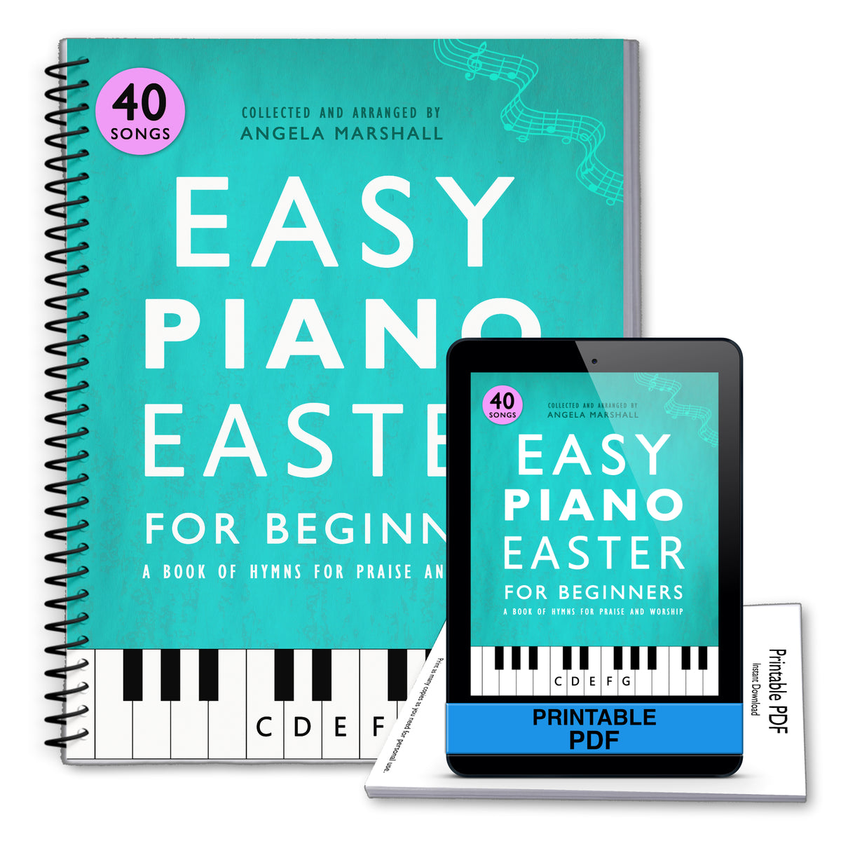 Book titled 'Easy Piano Easter for Beginners' with a digital version on a tablet.