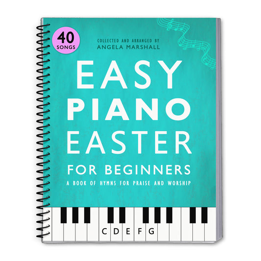 Book titled 'Easy Piano Easter for Beginners' with a teal cover and piano keyboard design.
