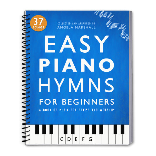 Book titled 'Easy Piano Hymns for Beginners' with a blue cover and piano keyboard design.