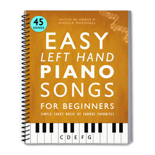 Book titled 'Easy Left Hand Piano Songs for Beginners' with a brown cover and piano keyboard design at the bottom.