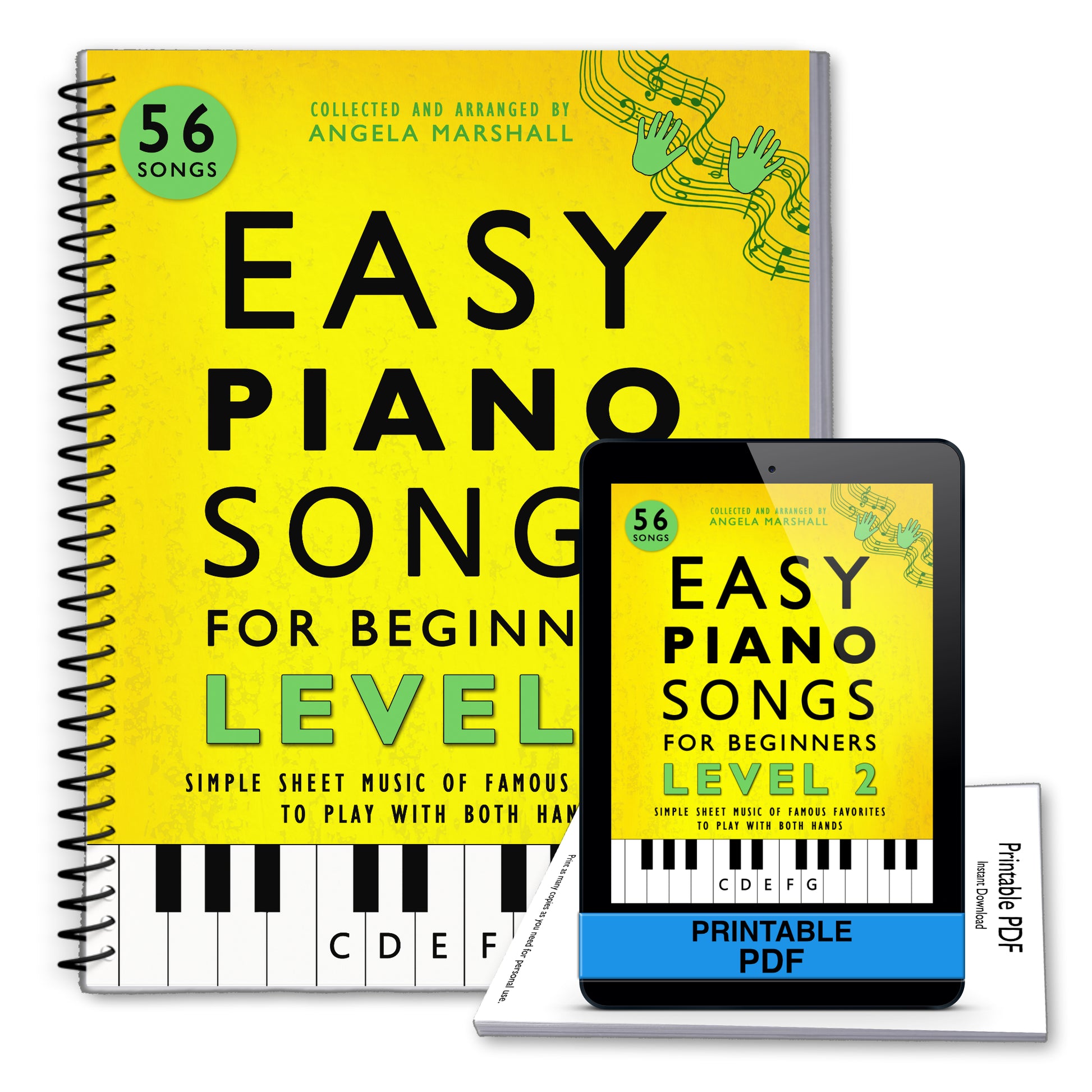 Spiral-bound book titled 'Easy Piano Songs for Beginners Level 1' with a digital version on a tablet.