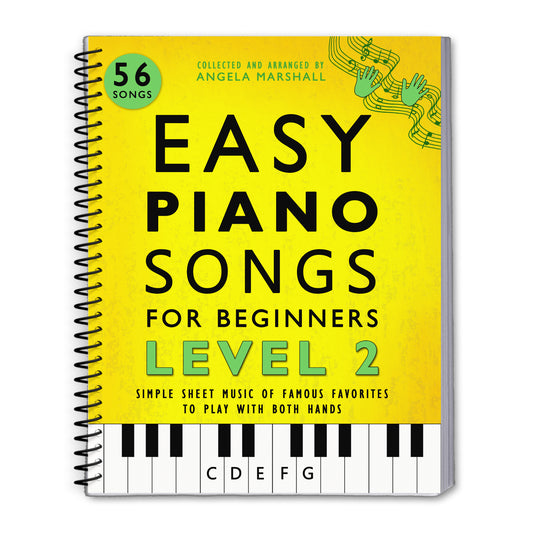 Book titled 'Easy Piano Songs for Beginners Level 2' with a yellow cover and piano keyboard design.