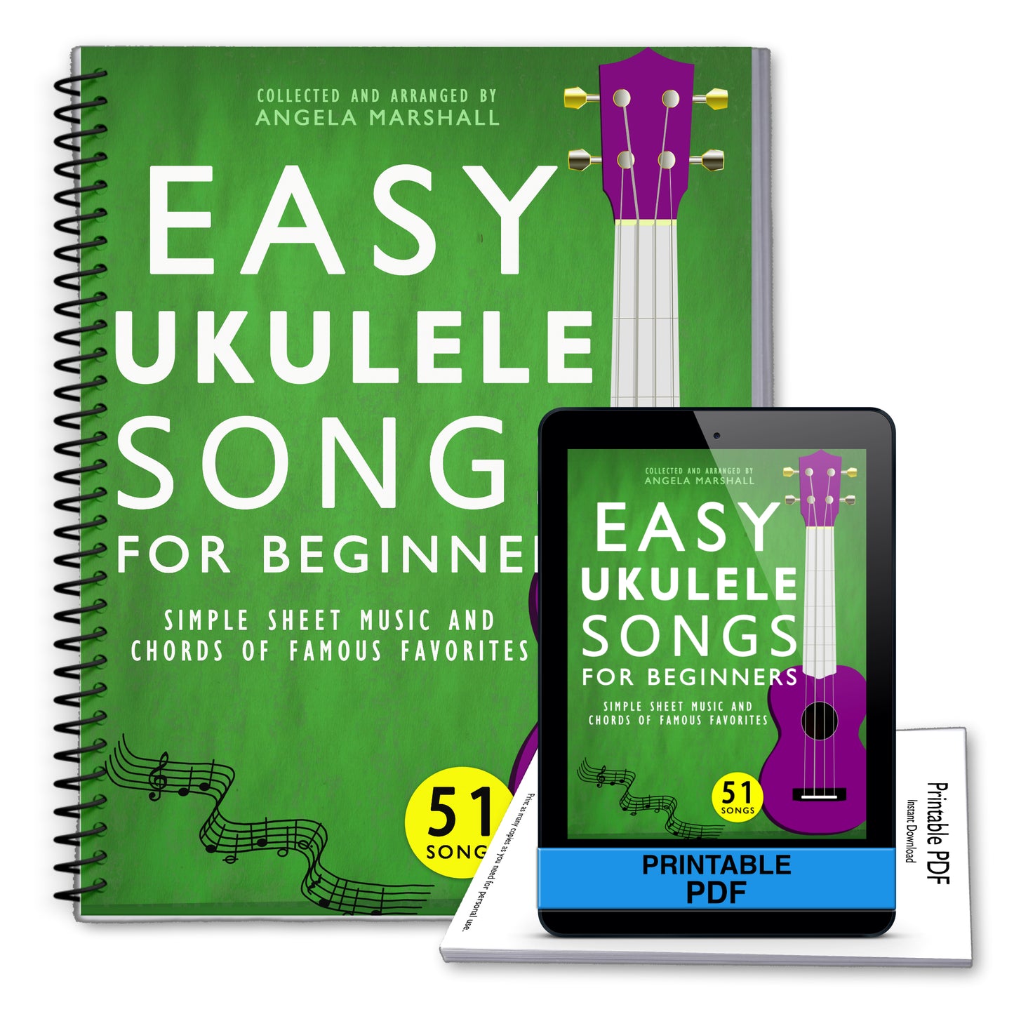 Green book titled 'Easy Ukulele Songs for Beginners' with a digital version on a tablet.