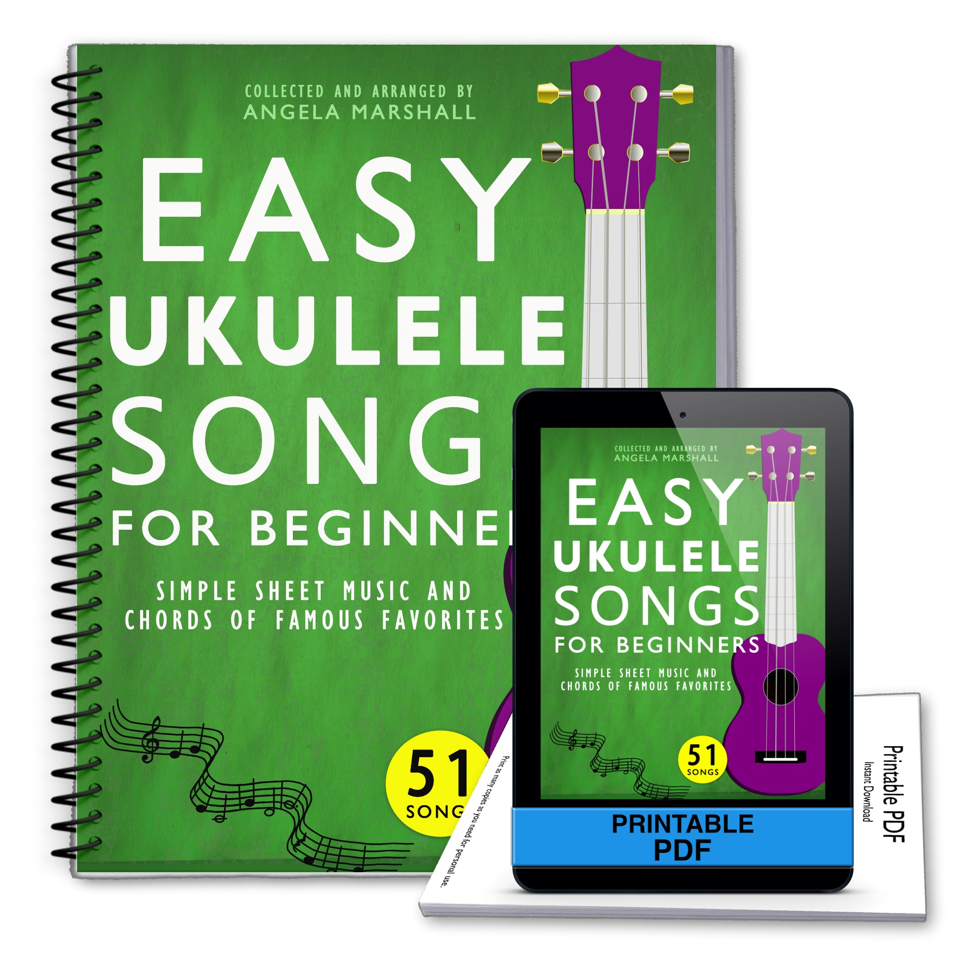 Green book titled 'Easy Ukulele Songs for Beginners' with a digital version on a tablet.