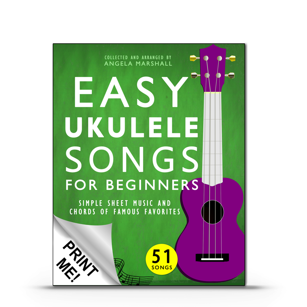 Printable PDF of 'Easy Ukulele Songs for Beginners' by Angela Marshall, shown as a book cover with a 'Print me!' label