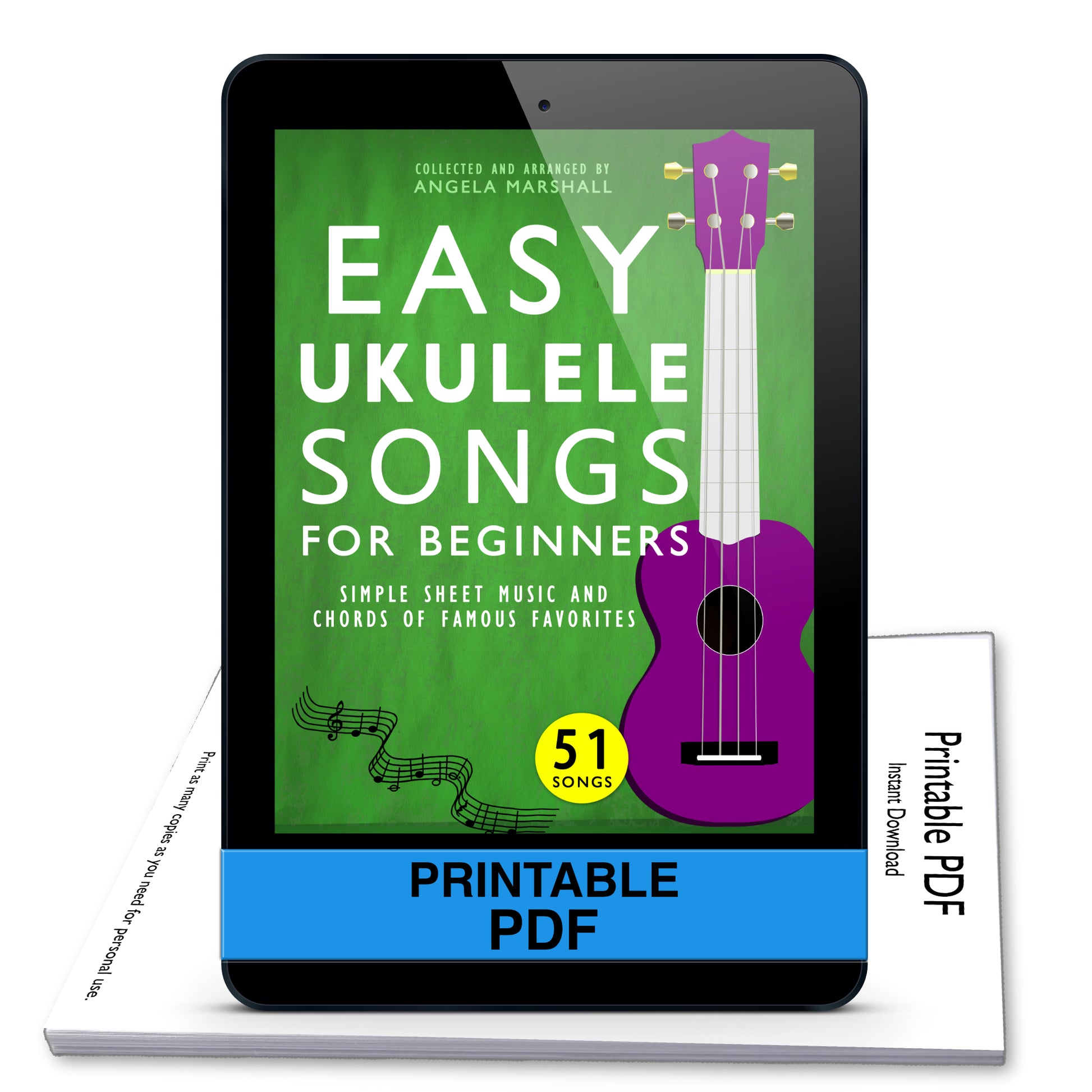Ebook cover of 'Easy Ukulele Songs for Beginners' on a tablet screen.