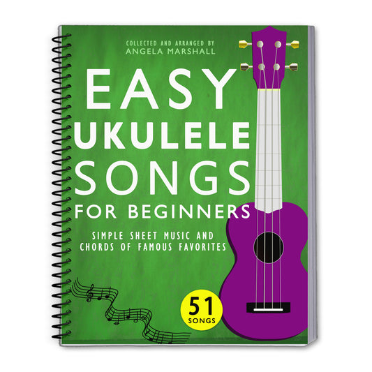 Book titled 'Easy Ukulele Songs for Beginners' with a purple ukulele on a green background